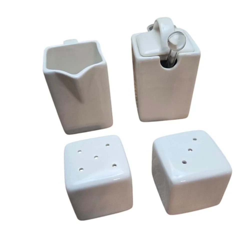 10 Strawberry‎ Street 4pc White Ceramic Creamer Sugar Salt Pepper Set